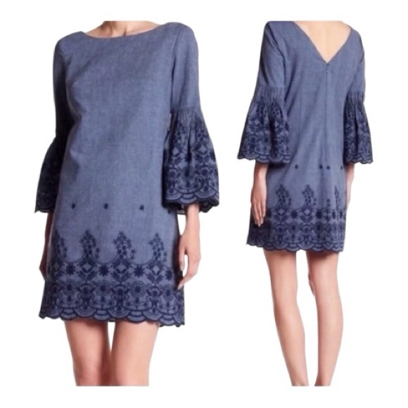 Eliza J Dresses & Skirts - ✨ EUC ELIZA J Blue Chambray Embroidered Bell Sleeve Dress | Women’s Sz 4